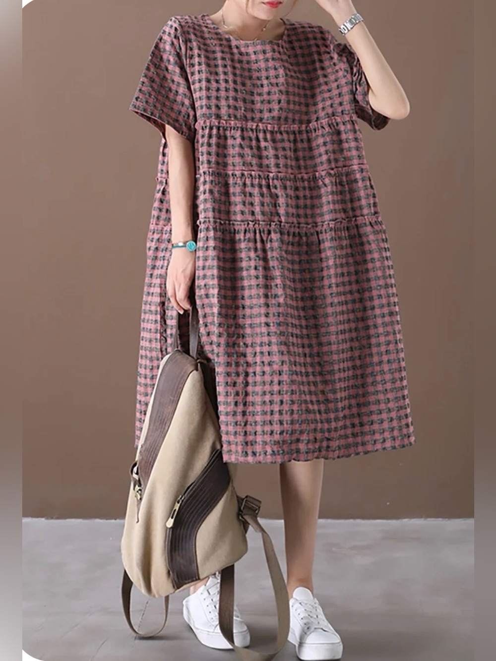 BUYKUD Plaid Round Neck Cotton Linen Midi Dress M NWT